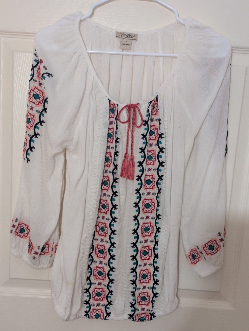 Lucky Brand White Peasant Blouse with Pink & Teal Embroidery, Size Medium